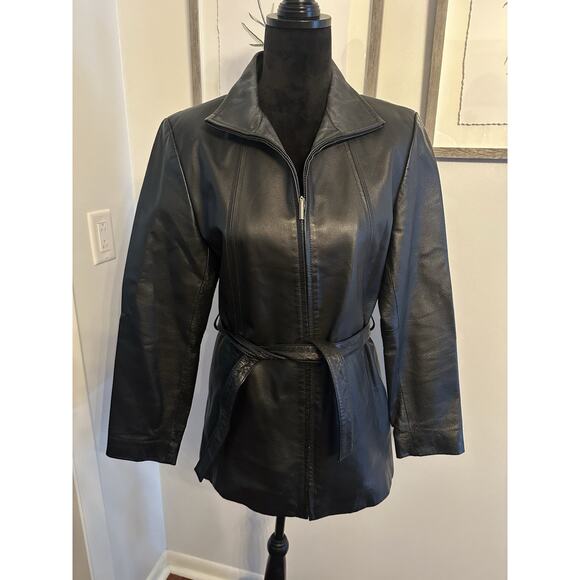 Vintage Worthington Black Leather Coat Womens Small Full Zip Belted Grunge Goth - Picture 1 of 7